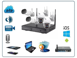 Комплект уличного WiFi/LAN  видеонаблюдения, NVR и 4 беспроводные видеокамеры (2 стационарные и 2 поворотные), Full HD (поддержка HDD до 6 Тб)