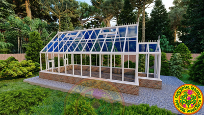 Базовая комплектация теплицы в английском стиле с холлом из стекала и алюминия СКАРЛЕТТ размером 7000 х 3500 мм