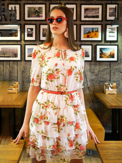 Платье шифоновое с цветами и множеством воланов