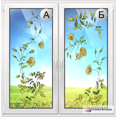 Витражная пленка, витражная пленка самоклеющаяся под заказ,пленочный витраж флора с желтыми розами