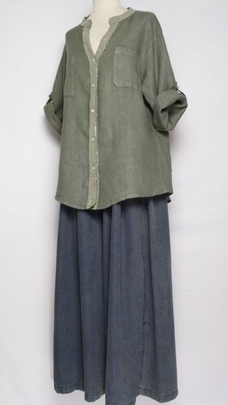 РУБАШКА ЛЁН "КРУЖЕВО НА СПИНЕ"  хаки, бежевая р.46-52