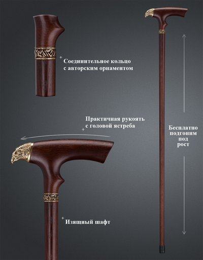 Уникальная трость с головой птицы на деревянной рукояти "Ястреб"