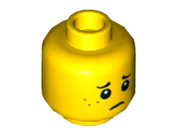 Minifigure, Head Dual Sided Child Black Eyebrows, Dark Orange Freckles, Smile / Sad Frown Pattern - Hollow Stud, Yellow (3626cpb0595 / 6039464)