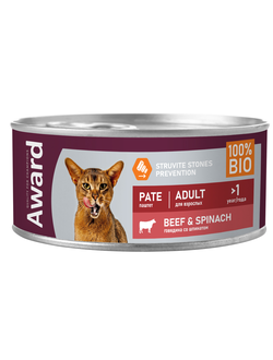Влажный корм AWARD для взрослых кошек паштет из говядины со шпинатом 100г