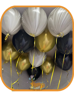 10 шариков с гелием под потолок чёрного, мраморного и золотого хром
