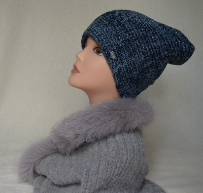 Шарф труба женский с меховой оторочкой вязаный Италия Vizio Space KSP серый