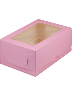Коробка на 6 капкейков с прям. окном (розовая), 235*160*100мм