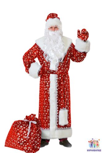 Карнавальный костюм Дед Мор красный р 54-56 (  Комплектуется шубой, мешком для подарков и варежками, шапка с меховым отворотом, борода на резинке белая кудрявая и парик)