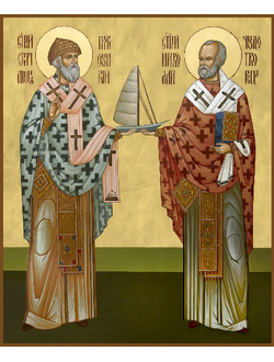 Спиридон Тримифунтский и Николай Чудотворец, Святители. Рукописная православная икона.