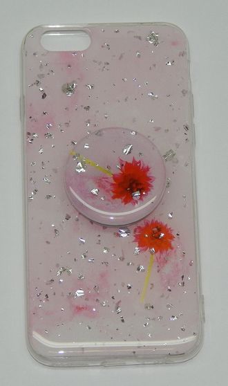 Защитная крышка силиконовая iPhone 6/6S розовая с блестками с попсокетом