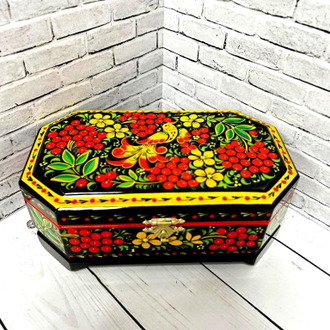 Шкатулка для ювелирных украшений Птица с рябиной 180*100 мм восьмиугольная с росписью Хохлома