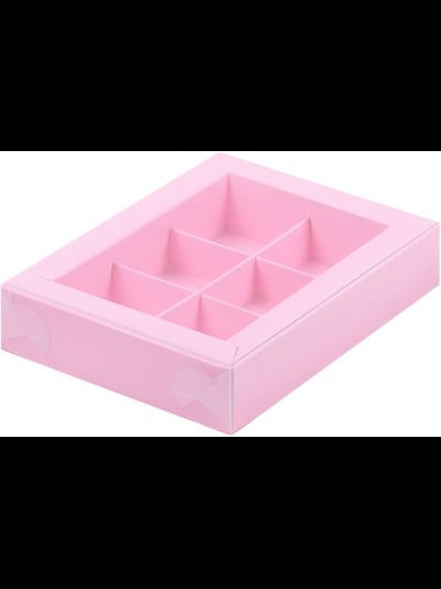 Коробка на 6 конф прозр. кр. (розовая), 155*115*30мм