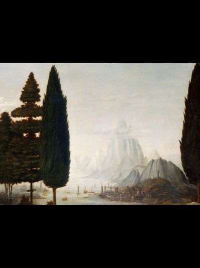 Картина обогреватель, репродукция Леонардо да Винчи Благовещение - пейзаж (фрагмент)