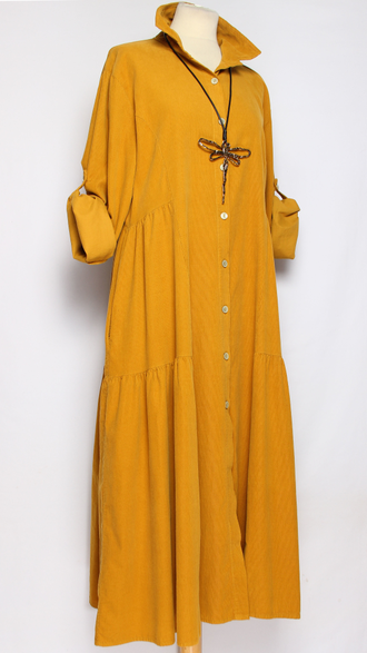 Платье-рубашка Бохо "Вельвет карманы ярусы" горчичное, хаки до р.52