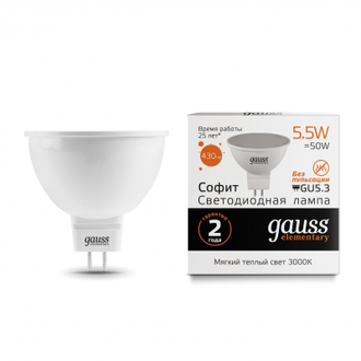Лампа светодиодная Gauss LED Elementary MR16 GU5.3 5.5Вт 430Лм 3000К, 13516