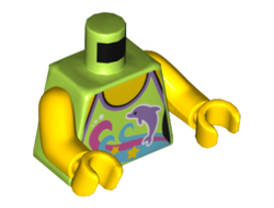 Torso Female Halter Top with Stars, Dark Pink and Medium Azure Waves, Medium Lavender Dolphin, and White Dots, Yellow Neck and Shoulders Pattern / Yellow Arms / Yellow Hands, Lime (973pb1890c01 / 6103202)