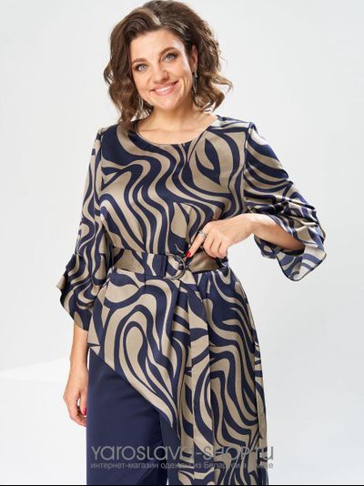 Нарядный женский 2-х предметный костюм, состоящий из ассиметричной туники и брюк