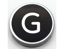 Tile, Round 2 x 2 with Bottom Stud Holder with Silver Capital Letter G on Black Background Pattern, Light Bluish Gray (14769pb428 / 6352990)