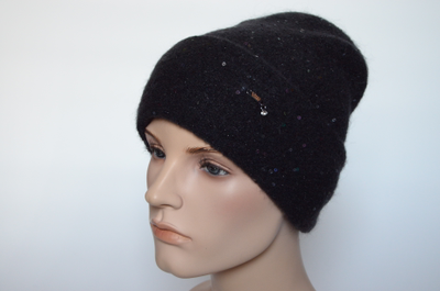 Шапка вязаная с отворотом черная и пайетками Vizio Италия 6943 CRY