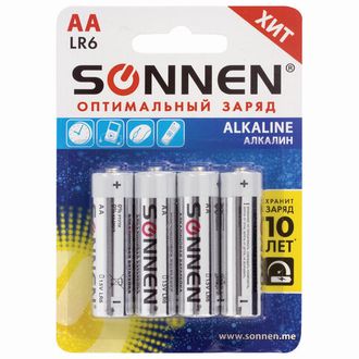 Батарейки КОМПЛЕКТ 4 шт., SONNEN Alkaline, АА (LR6, 15А), алкалиновые, пальчиковые, блистер