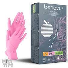 Перчатки нитриловые розовые  (50 пар) Benovy р. XS, S и М