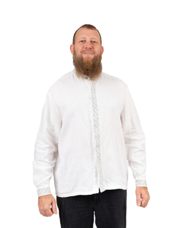 Деловая сорочка "Здрава" белый лён/серая вышивка