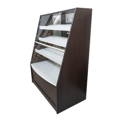 Современная витрина с ЛДСП и стеклянными полками