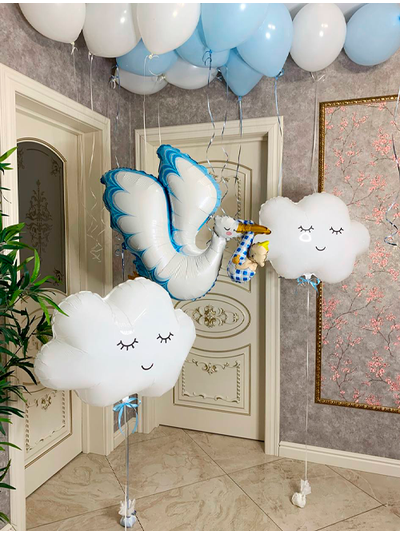 Набор 15 шариков на выписку, аист и 2 облачка