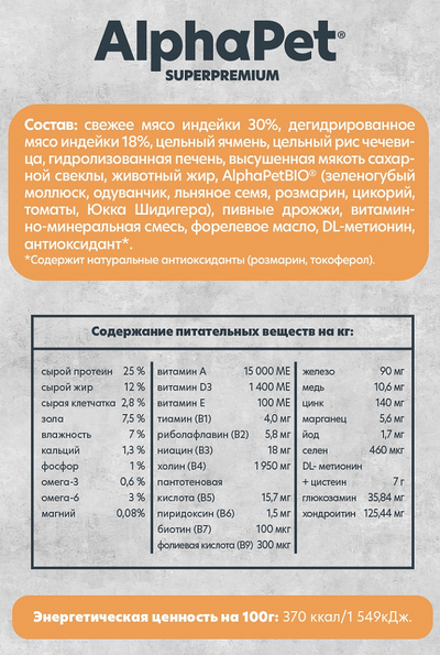 AlphaPet (АльфаПет) Superpremium Monoprotein сухой корм для взрослых собак средних и крупных пород с индейкой, 2 кг