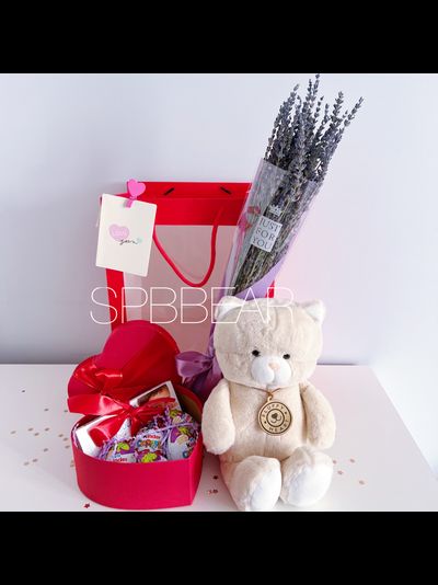 Подарочный набор №17 - Плюшевый котик на выбор, Лаванда, Киндер бокс средний