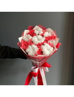 БУКЕТ ИЗ ХЛОПКА И СТАБИЛИЗИРОВАННОЙ ГОРТЕНЗИИ В КРАСНЫХ ОТТЕНКАХ - АРТ.СЦ1