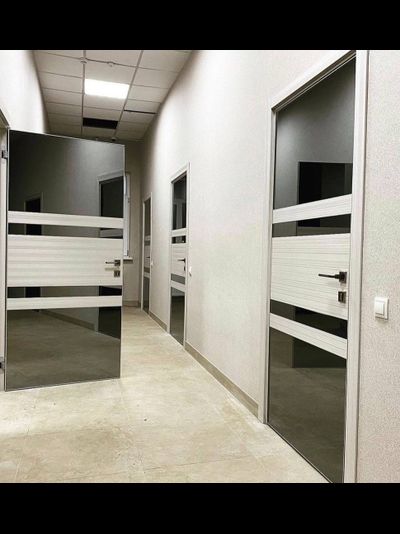 PRESTIGE. МОДЕЛЬ ULTRA 9, ГОРИЗОНТАЛЬНЫЕ ВСТАВКИ из СТЕКЛА LACOBEL или ЗЕРКАЛА,  АЛЮМИНИЕВАЯ КРОМКА ПО ТОРЦАМ  ДВЕРНОГО ПОЛОТНА