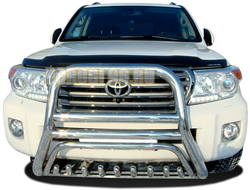 Защита переднего бампера скоба высокая+ «акула» d76/60/42 для Toyota Land Cruiser 200 2013-2015