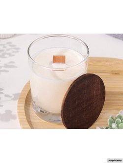 Свеча из соевого воска в стакане с деревянным фитилем и крышкой "Ванильный капучино", 110 гр (с индивидуальной гравировкой)
