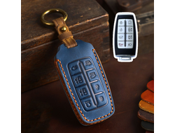 Синий кожаный чехол для ключа Genesis G80, GV70, GV80 с 8 кнопками и с коричневой прострочкой