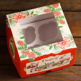 Упаковка на 4 капкейков с окном &quot;Рождество&quot;, 16 х 16 х 10 см