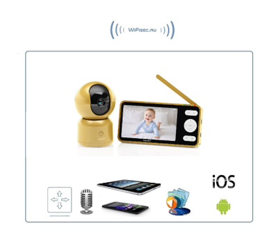 Wi-Fi видеоняня Ramili Baby RV1500GOLD с повышенной дальностью (монитор-камера до 300 м), монитор 5" и 1 поворотная видеокамера, просмотр через мобильные устройства по сервису р2р, DVR, Full HD 2 Mp