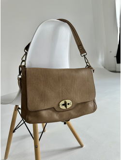 Женская наплечная сумка из натуральной винтажной кожи Vera Pelle темно-бежевая 025811