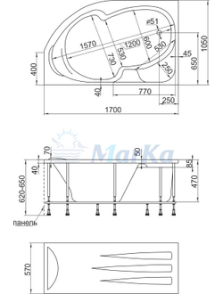 Ванна акриловая 1,7*1,05 Марка1 ДИАНА (каркас+панель)