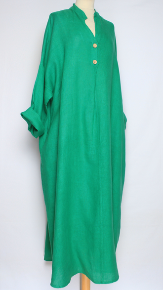 ПЛАТЬЕ БОХО ЛЬНЯНОЕ "СТОЙКА ЗАЩИП ПУГОВИЦЫ"  бежевое, хаки, черное, салатное, яблоко, апельсин, желтое  до р.54