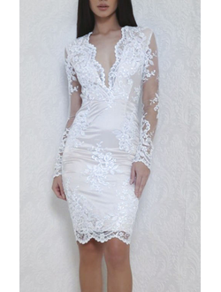 Cвадебное миди платье на роспись с длинным рукавом V-вырез кружевное белое купить