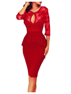 Красное кружевное платье миди до колен с рукавом 3/4 декорировано баской