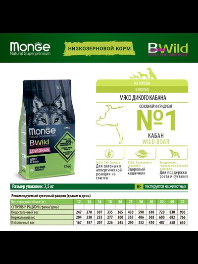 Monge Dog BWild Low Grain (Монж) низкозерновой корм для взрослых собак, с мясом дикого кабана 2,5 кг