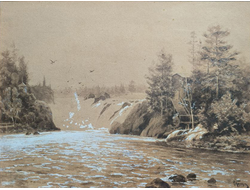 Казанцев Владимир Гаврилович (1849-1902)  Ласточки над водопадом 1880-е-1890-е гг. Бум., гр.кар., сепия, белила 25,5Х34,2 (в свету) (1229)