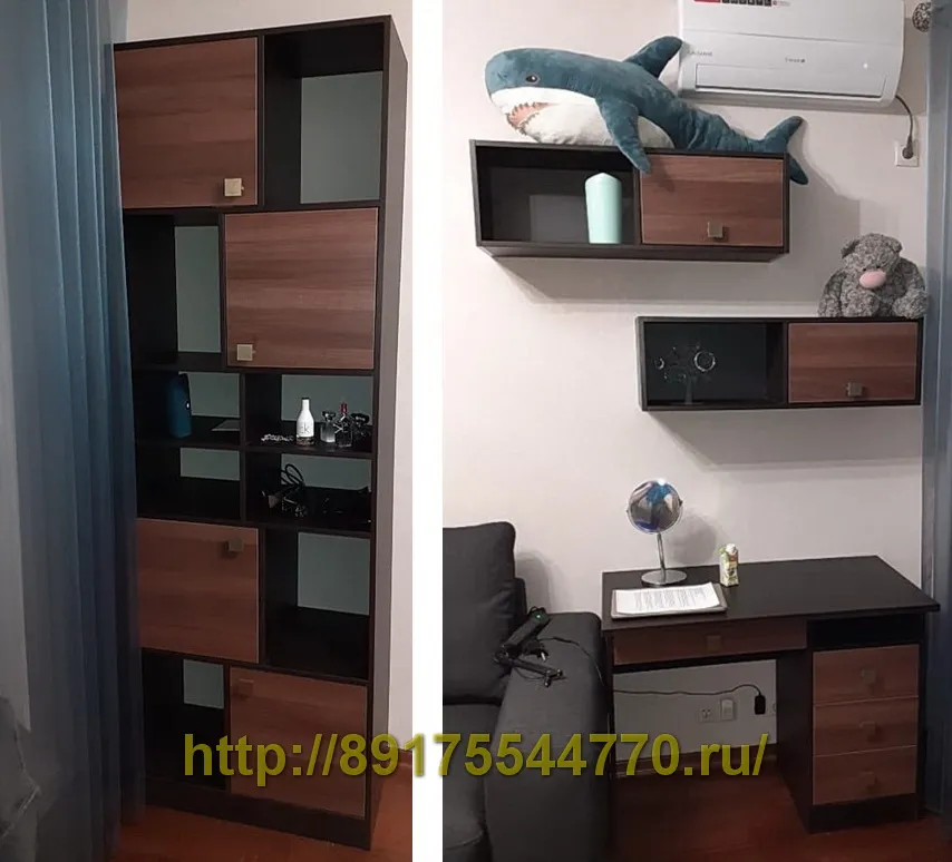 004 Стеллаж, стол, полки.
Сделано по размерам заказчика.
Фасады: ЛДСП Egger, H3704 Орех Аида табак, структура ST15.
Корпуса:  ЛДСП Egger, H1137 Дуб Сорано чёрно-коричневый, структура ST12
