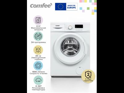 Стиральная машина узкая Comfee CFE06W60/W-RU, 6 кг, 40 см, 24 программы, отжим 1000 об/мин, быстрая стирка, белый