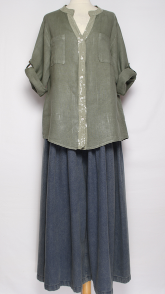 РУБАШКА ЛЁН "КРУЖЕВО НА СПИНЕ"  хаки, бежевая р.46-52