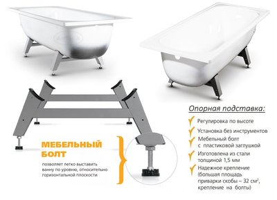 Ванна стальная ВИЗ "ANTIKA" белый, с опорной подставкой с рантом, 160x70x40 см.