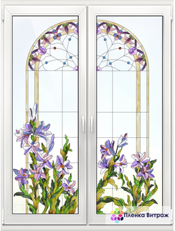 Витражная пленка, витражная пленка самоклеющаяся под заказ,пленочный витраж флора с лилиями