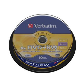 Носители информации DVD+RW, 4x, Verbatim Serl Matt Silver, Cake/10, 43488
